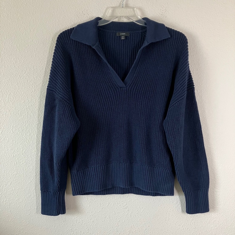 J‎ CREW Johnny Collar Sweater 2X Chunky Rib Cotton Pullover Preppy Minimal Navy